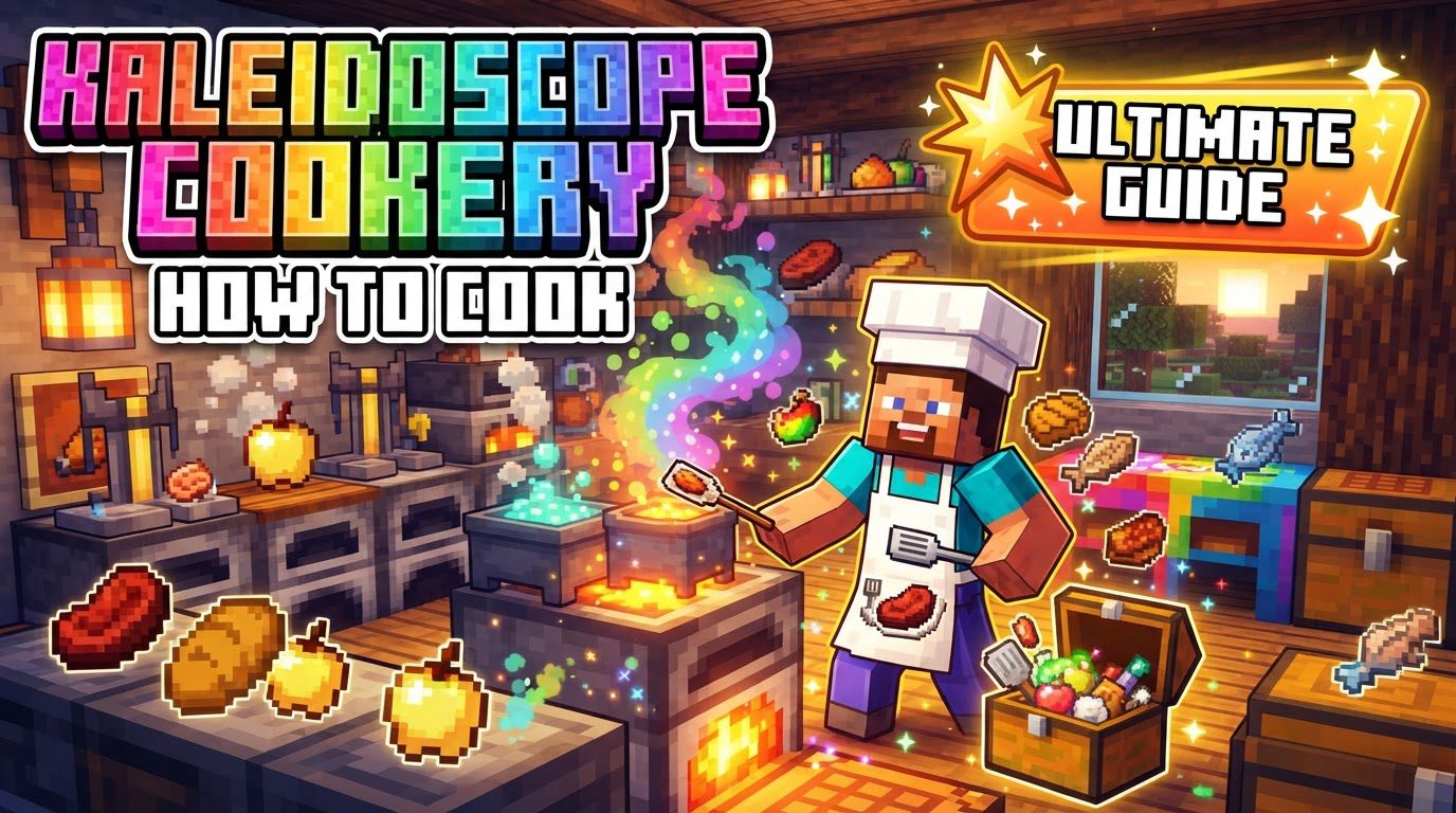 A player standing in a well-equipped Minecraft kitchen with a lit stove, a wok, a millstone, and various new crops growing nearby.