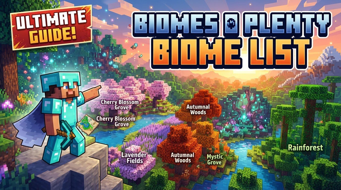 A player stands in a vibrant, diverse Minecraft biome with tall, colorful trees and unique plants, under a clear sky.