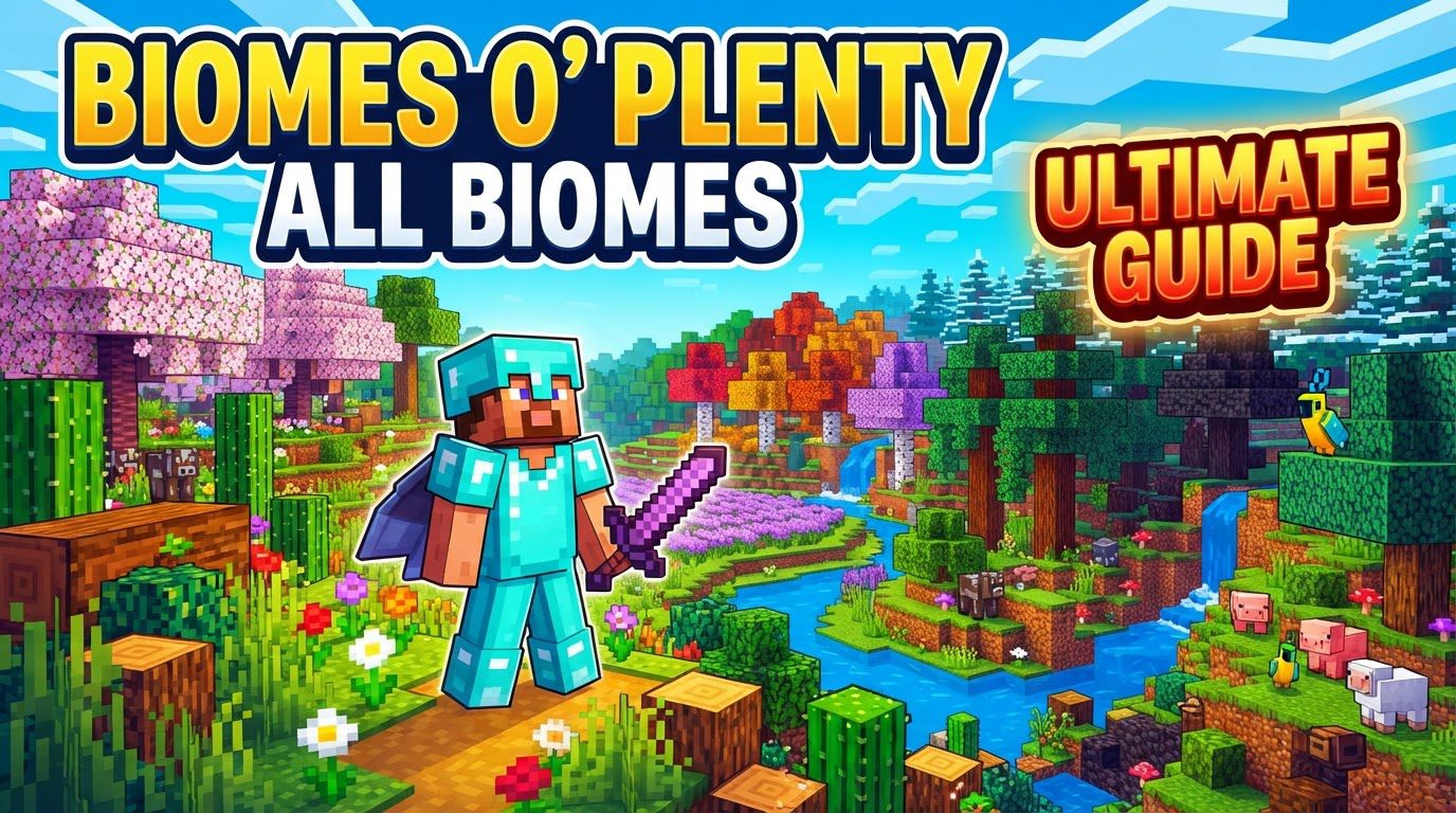 A vibrant Minecraft landscape featuring cherry blossom trees, towering mountains, and a glowing mystic forest in the distance under a bright sky.