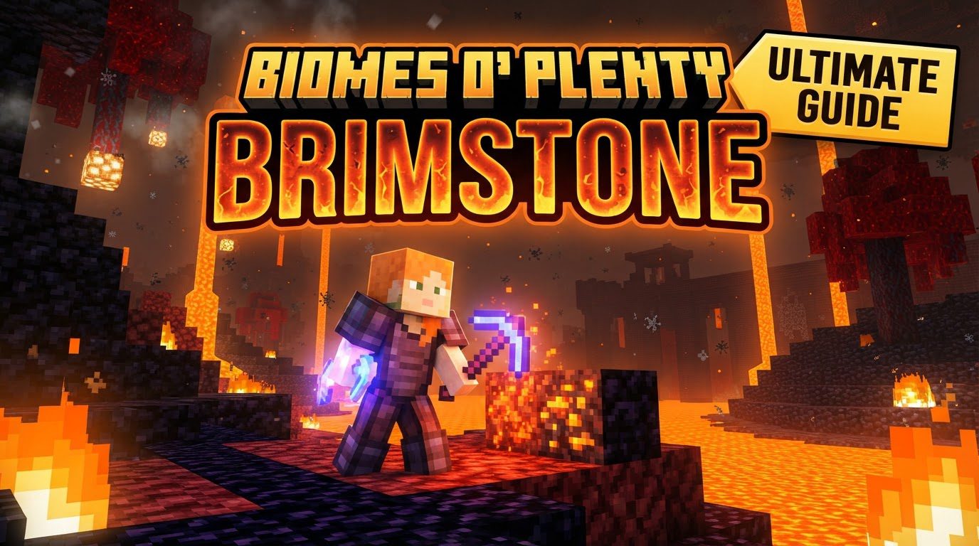 A player stands on a field of yellow-orange Brimstone blocks in the Nether, with lava pools, magma blocks, and a Brimstone Fumarole emitting smoke and fire particles in the background.