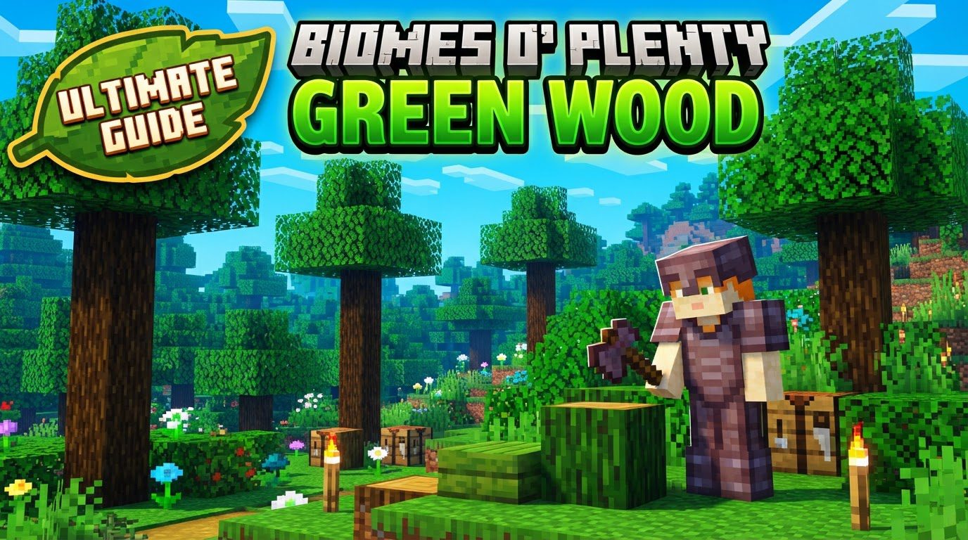 A lush Origin Valley biome with bright lime-green trees, a player standing next to an Origin Oak tree.