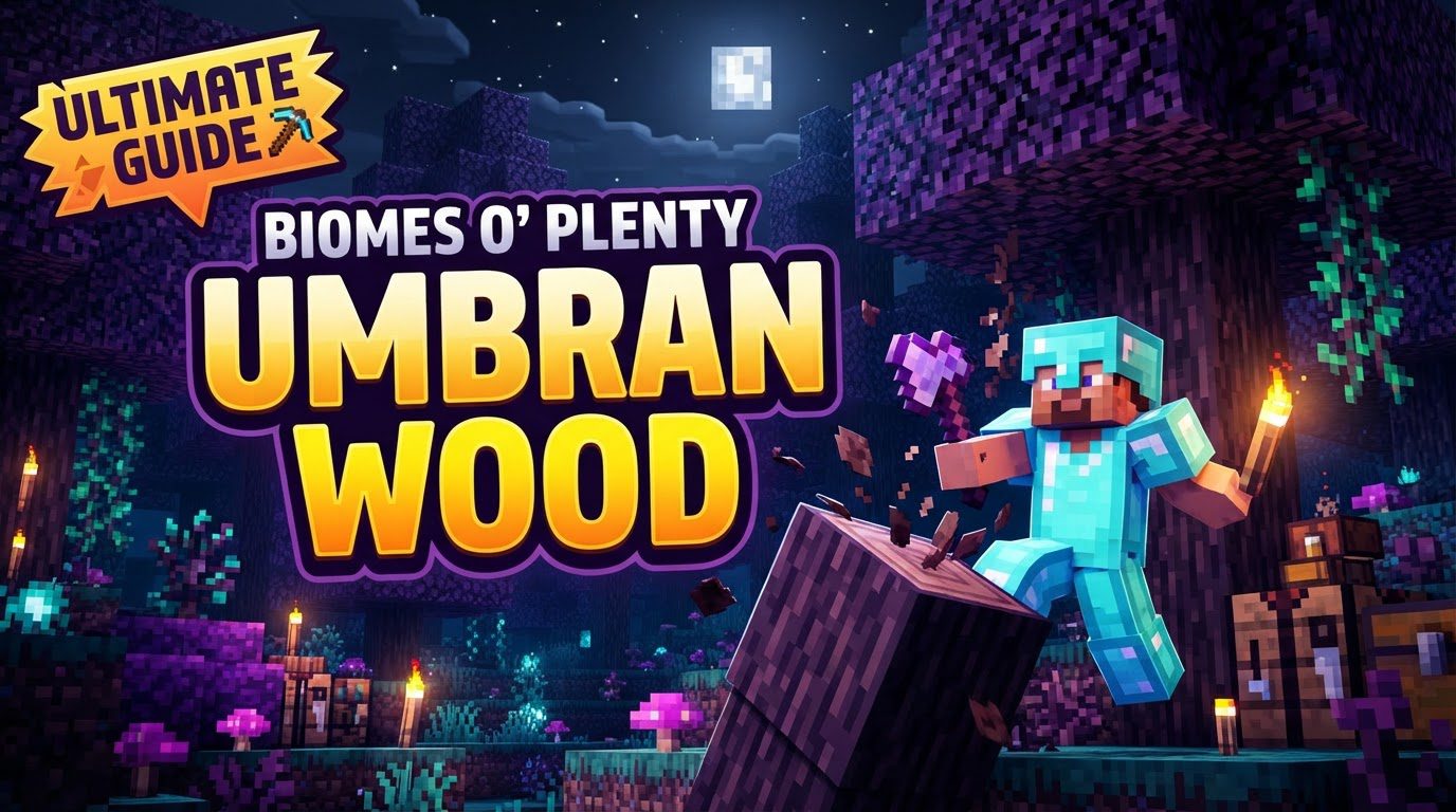 A dense, dark purple forest filled with tall, fir-like trees, with a player cautiously navigating through glowing red bramble thorns and dark Wither Roses on the ground.