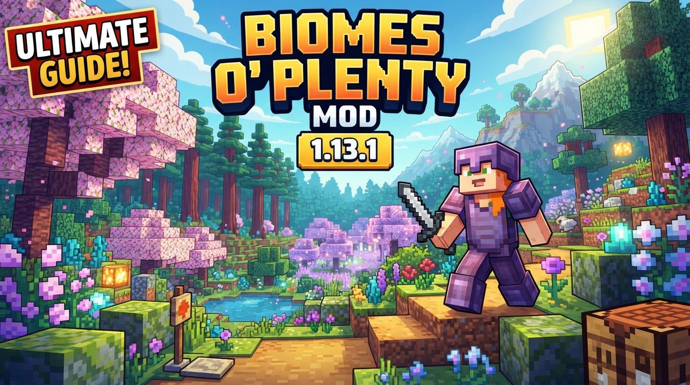 A vast, diverse Minecraft landscape featuring towering redwood trees, colorful cherry blossoms, and a distant snowy mountain range under a clear sky.