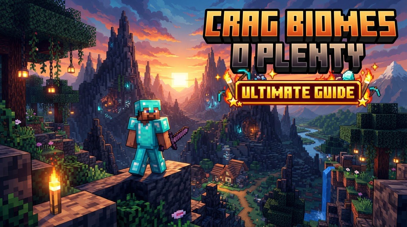 A player stands on a jagged peak in the Biomes O' Plenty Crag biome, overlooking deep valleys and distant floating islands under a dark teal sky.