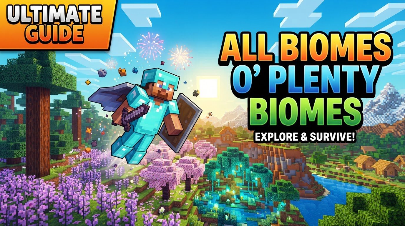 A vast Minecraft landscape featuring a dense redwood forest with towering trees, a colorful flower field in the foreground, and distant snowy mountains under a vibrant sky.