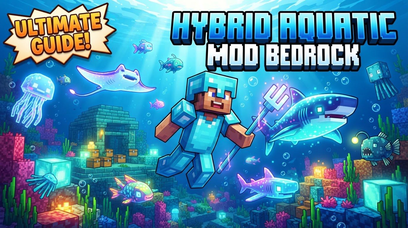 A player in a diving suit observes a vibrant coral reef teeming with various new fish species, a shark swimming in the distance, and colorful crustaceans scuttling on the seabed.
