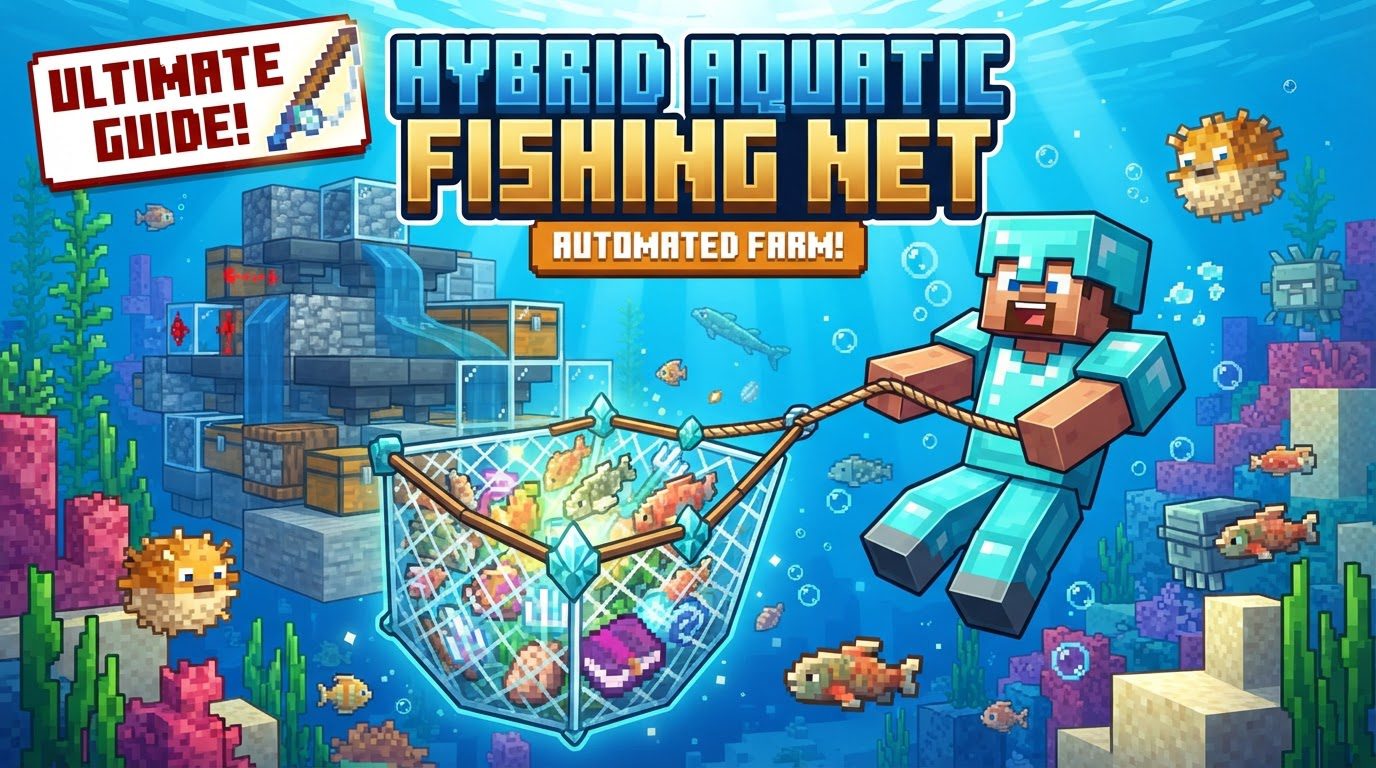 A player holding a fishing net, standing underwater next to a colorful coral reef with various fish and sea creatures swimming around.