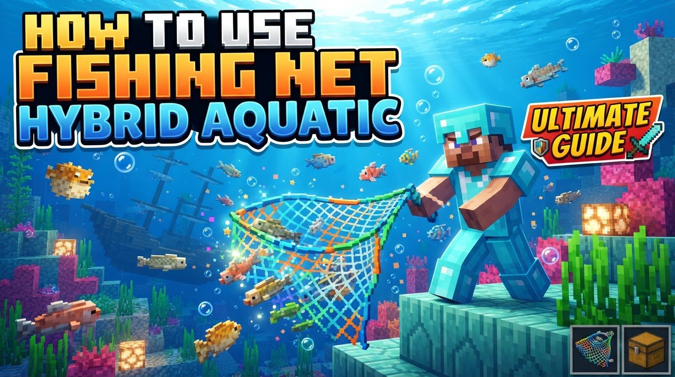 A player in deep blue water, holding a fishing net that contains a vibrant orange seahorse, with other colorful fish swimming nearby.