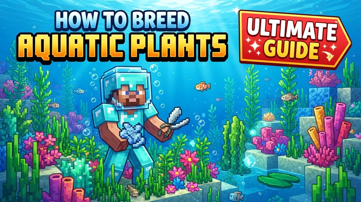 A player submerged underwater, surrounded by lush green kelp stalks, glowing sea pickles on coral, and patches of seagrass, holding bonemeal.