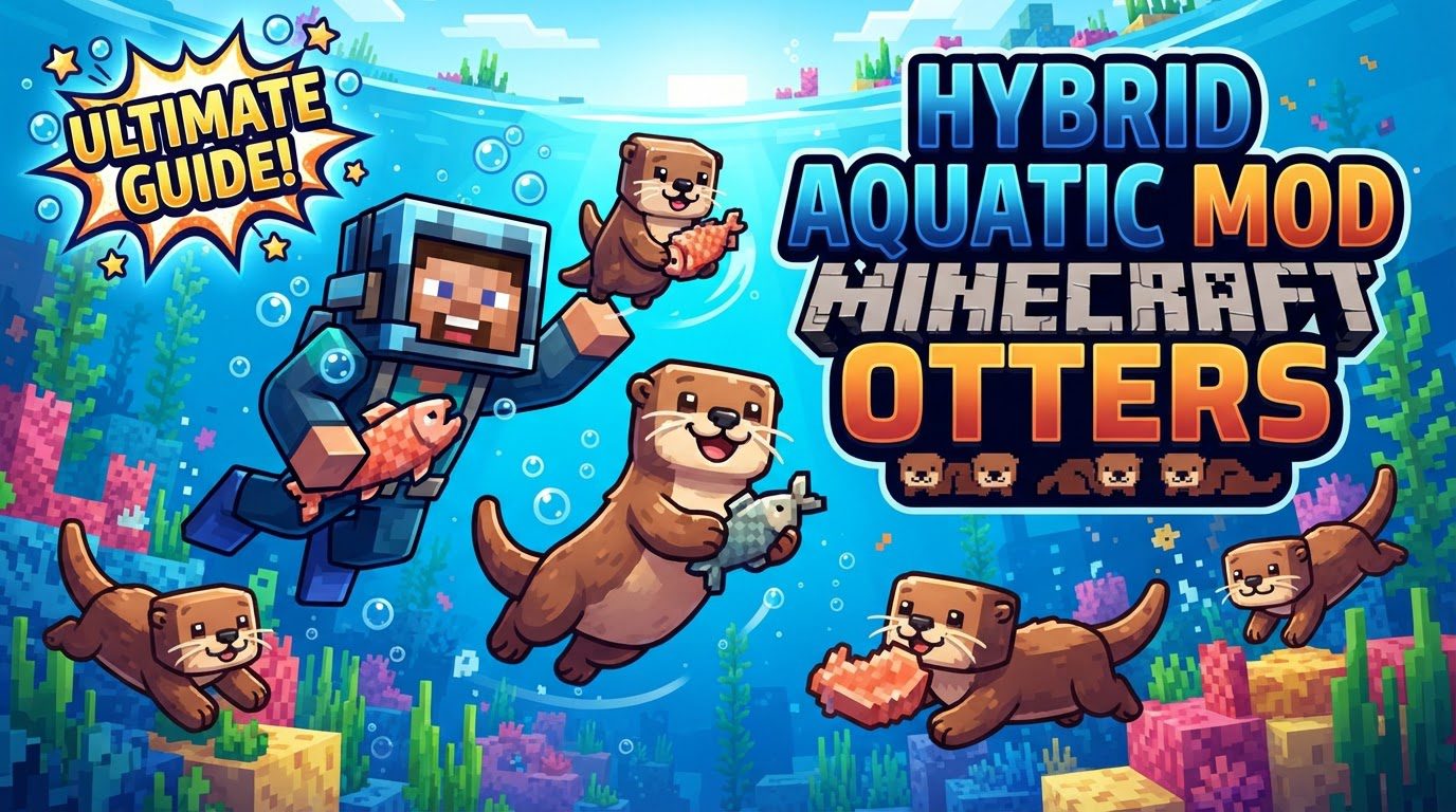 Two playful otters swimming in a clear river, one holding a fish, with clams visible on the riverbed.