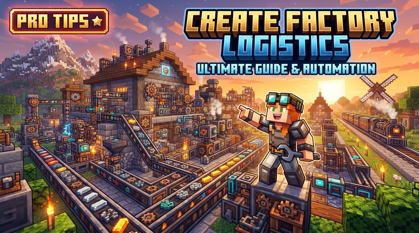 A complex Minecraft factory floor with mechanical belts carrying packages, mechanical arms transferring items, and a central Item Vault being monitored by gauges.