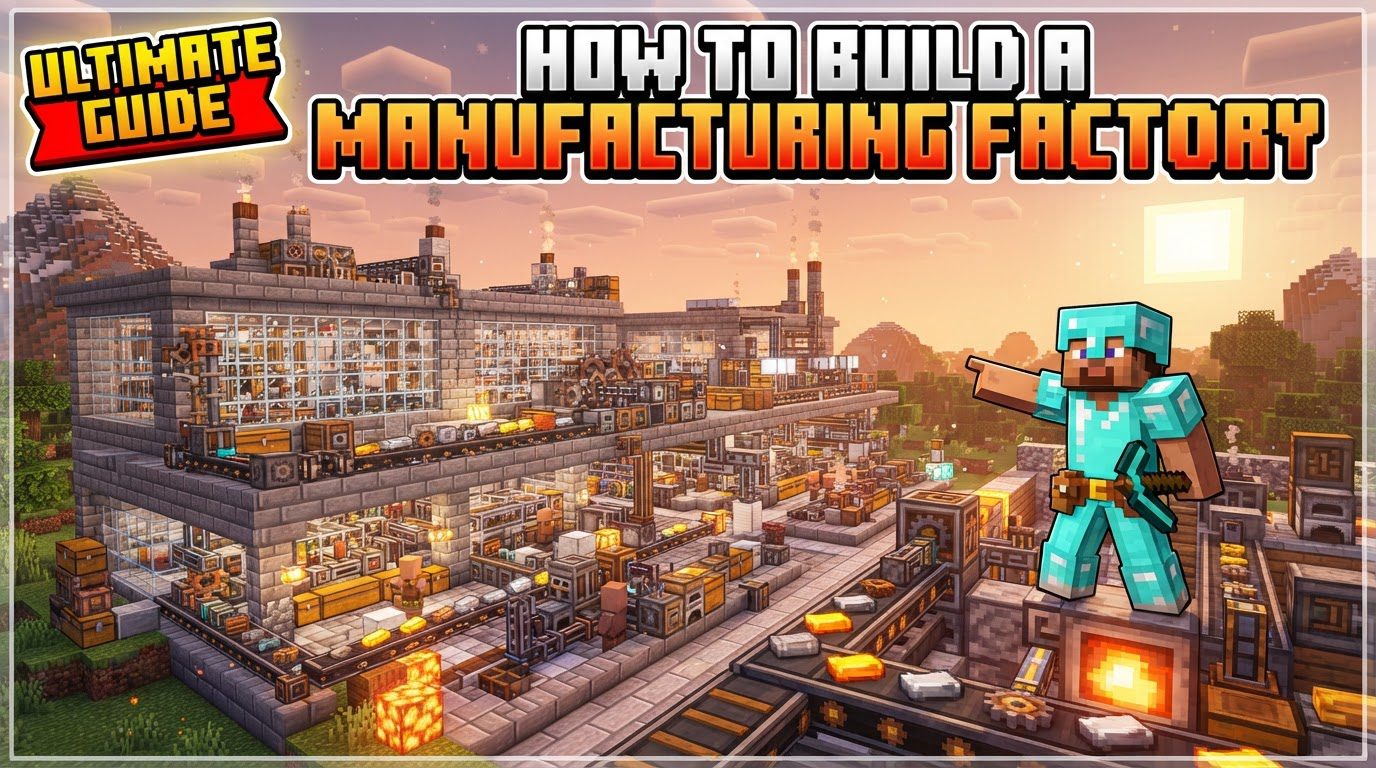 A sprawling Minecraft factory at dusk, with redstone lines glowing faintly beneath glass floors, smoke rising from chimneys, and hoppers visible between automated machines.