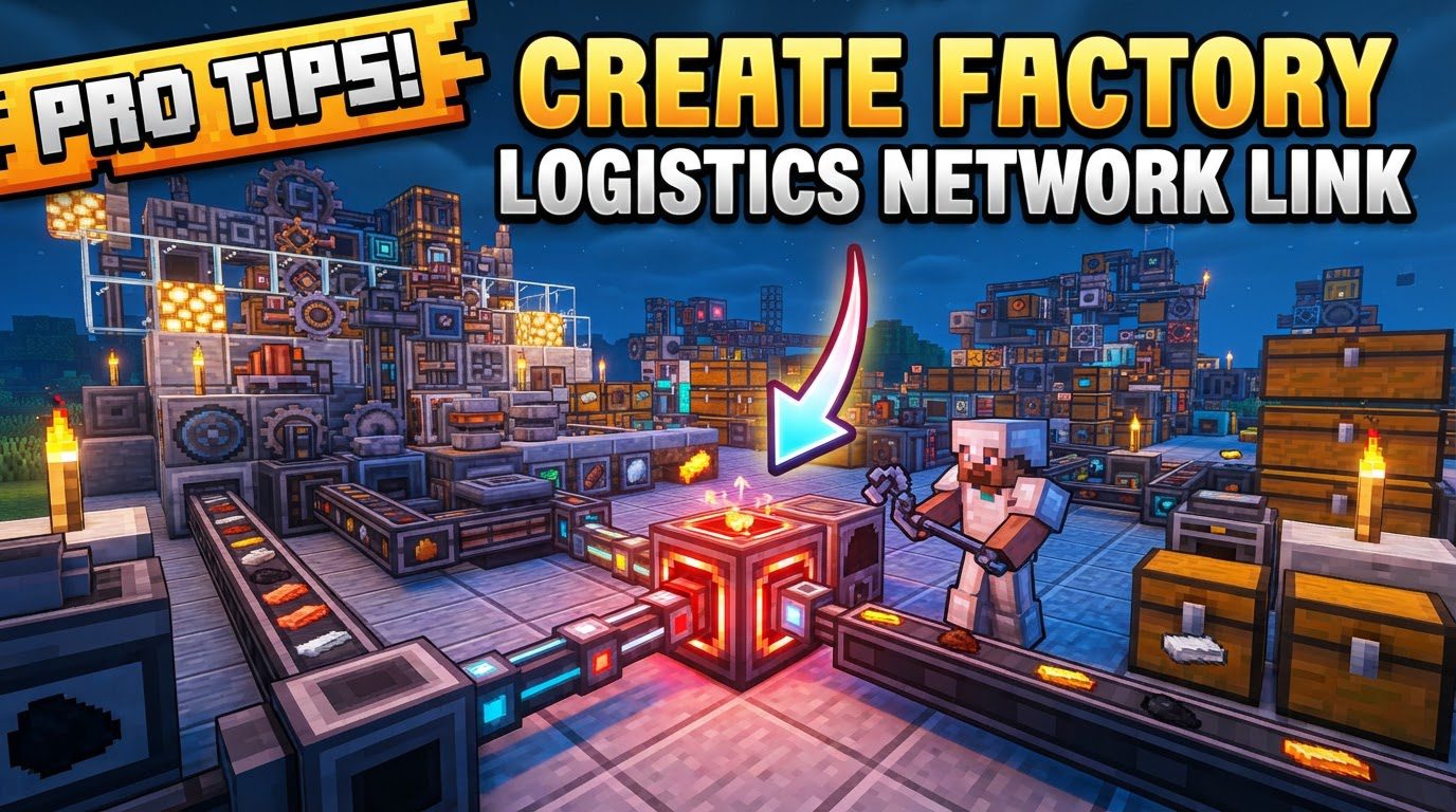 A complex Minecraft factory floor with multiple Create machines, conveyor belts, and item vaults, all interconnected by glowing Stock Links and busy Packagers.