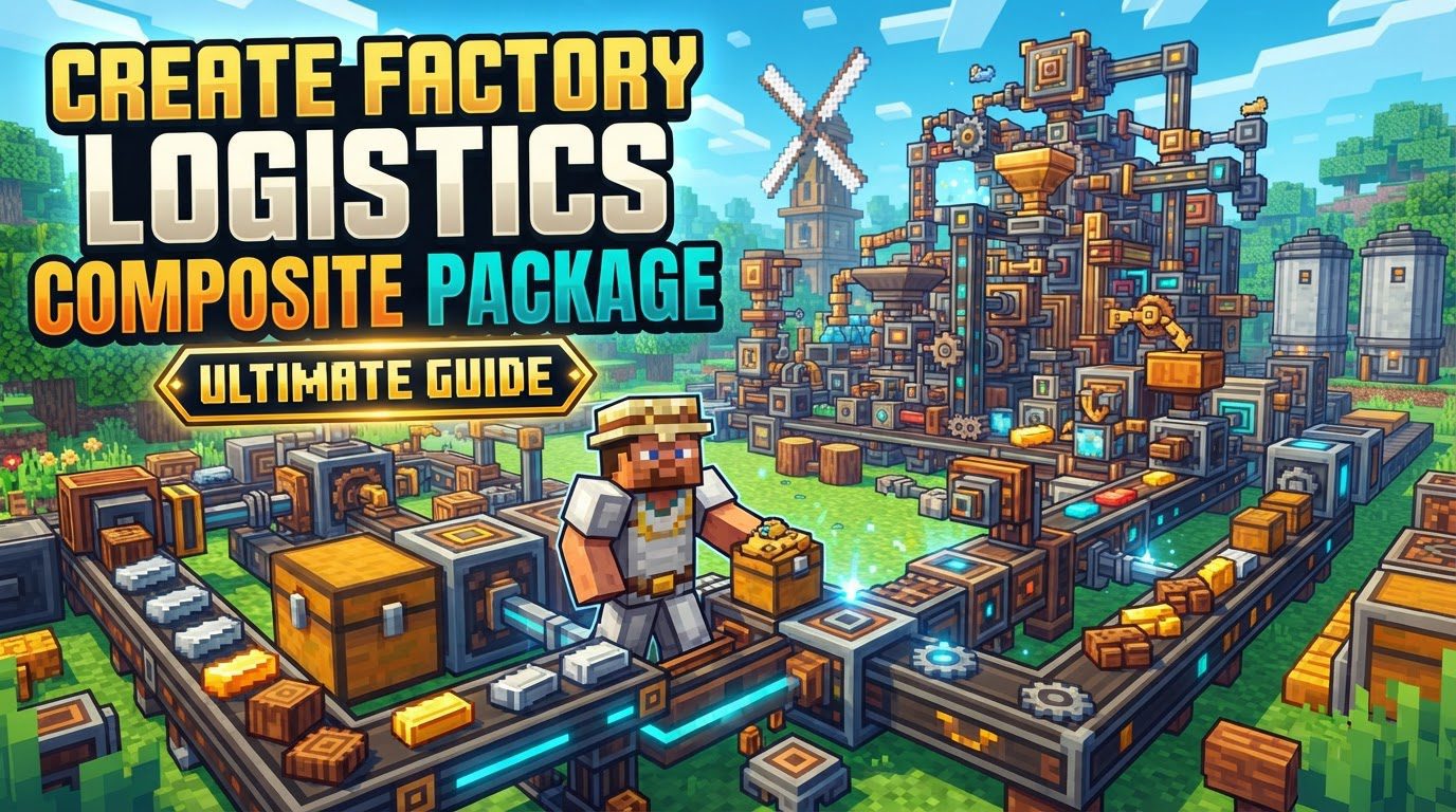 A complex Minecraft factory floor with conveyor belts, mechanical arms, and various Create mod machinery, centered around a Re-Packager block actively combining an item package and a fluid jar into a single composite package.