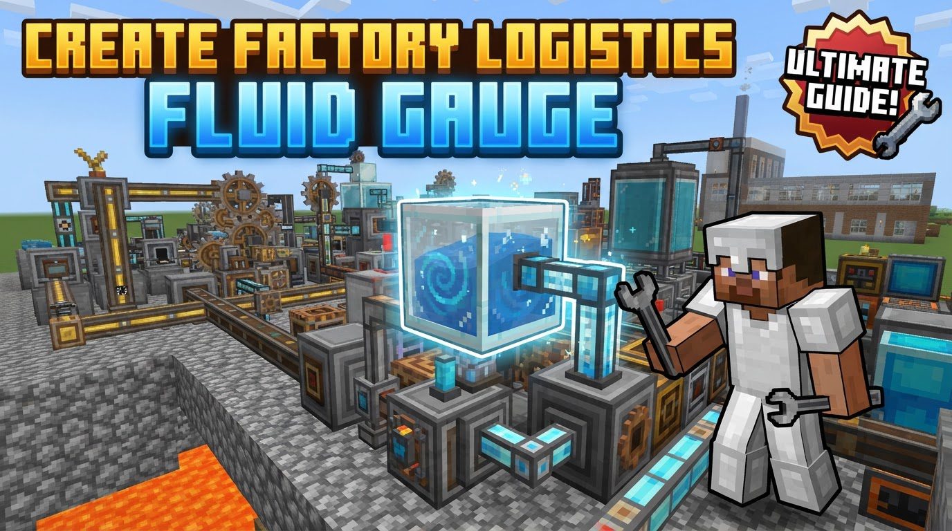A complex Minecraft factory floor with pipes, tanks, and a glowing blue Fluid Factory Gauge connected to a multi-fluid tank, surrounded by automated machinery.