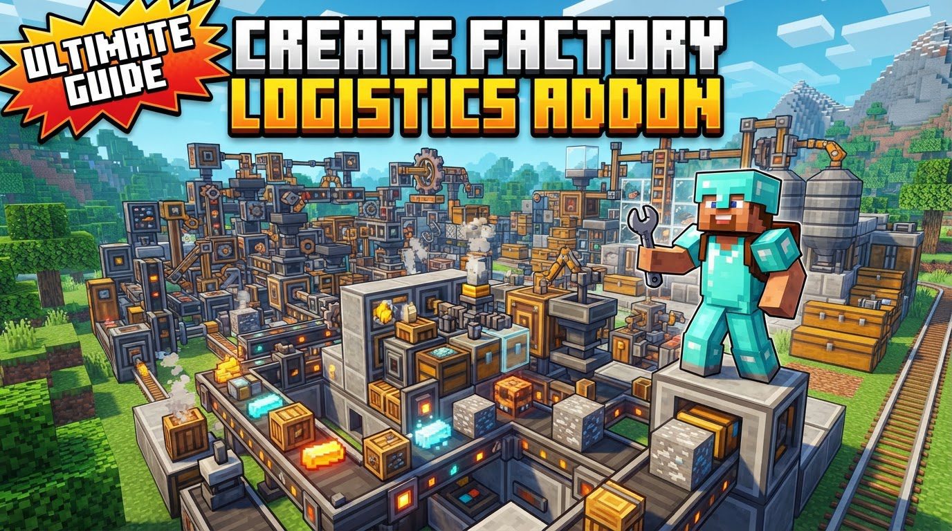 A complex Minecraft factory floor with conveyor belts, mechanical arms, and various Create mod blocks, featuring addressed packages moving through a sorting system.