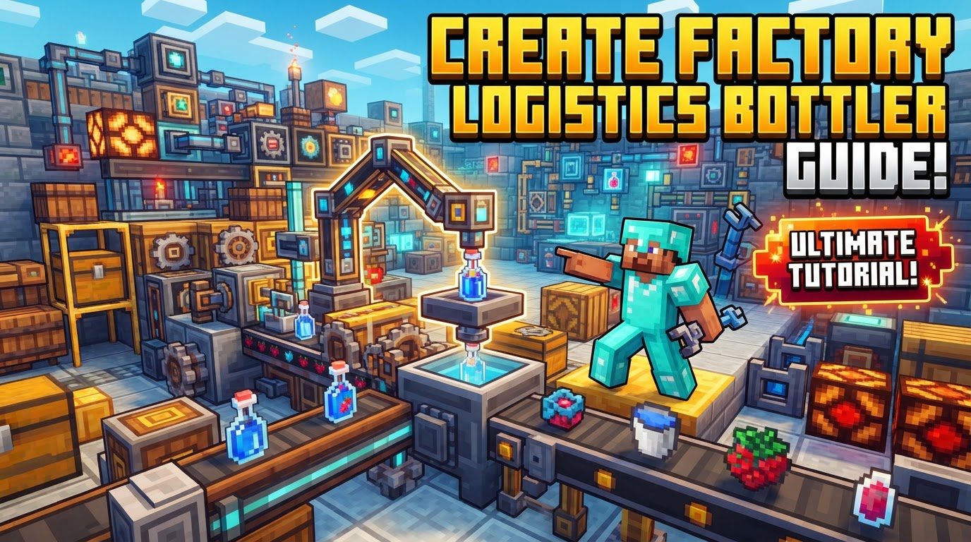 A Create mod factory scene with a Bottler block connected to fluid pipes and conveyors, actively filling jars.