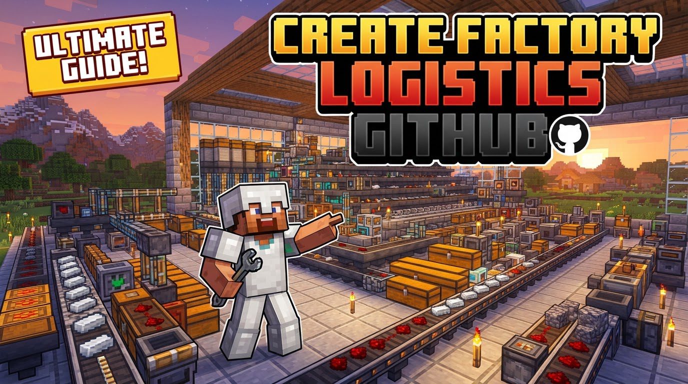 An intricate Minecraft factory floor, with conveyors carrying packages and pipes transporting fluids, all connected by a complex network of warehouse transmitters and controllers.