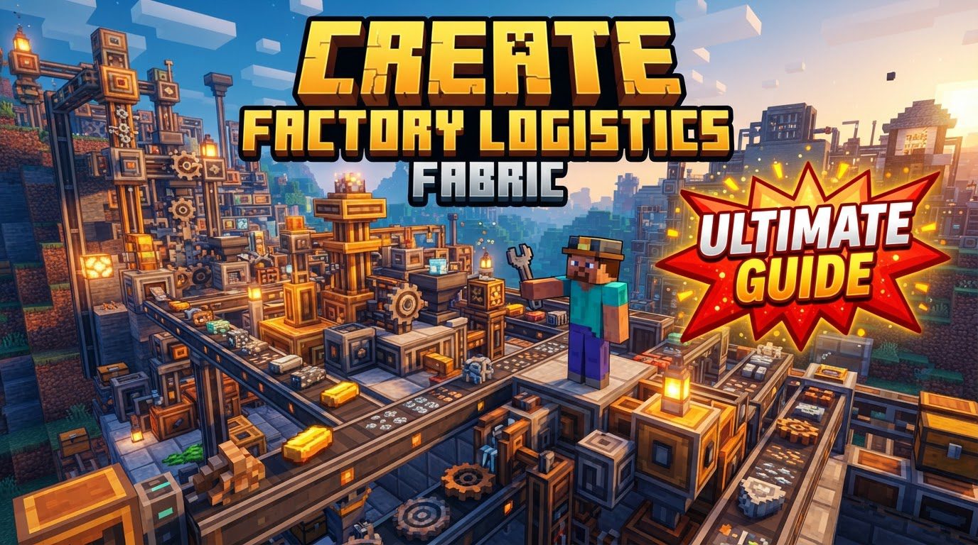 A complex Minecraft factory floor with numerous conveyor belts carrying packages, automated machines processing items, and fluid pipes moving liquids between tanks, all powered by Create mod components.