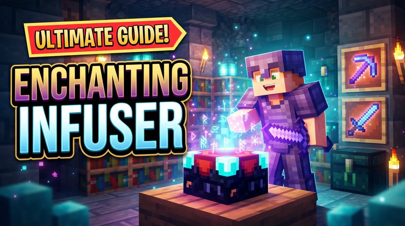 A player standing in front of an advanced enchanting infuser surrounded by bookshelves, with the GUI open showing various enchantments.