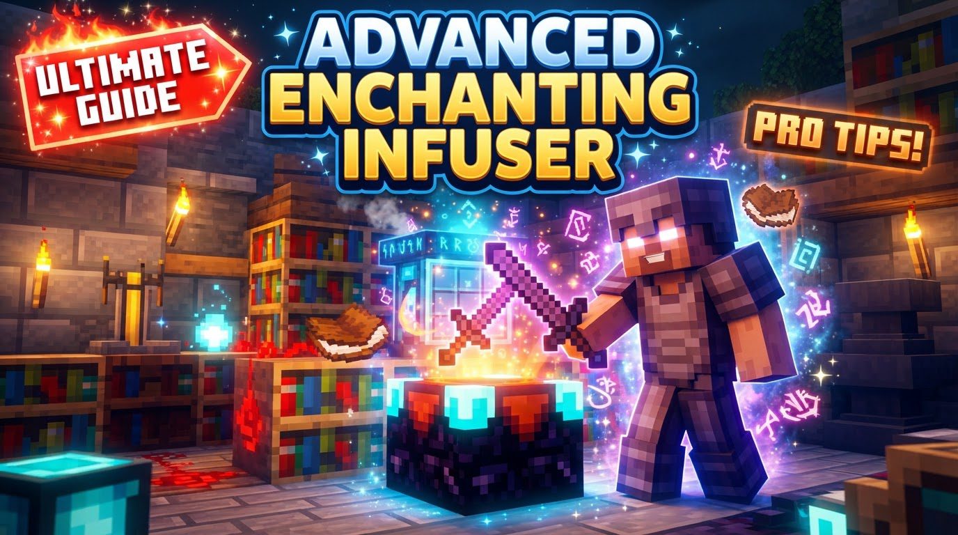 A player stands in front of an Advanced Enchanting Infuser, surrounded by glowing bookshelves in a well-lit enchanting room, with an open interface showing enchantment options.