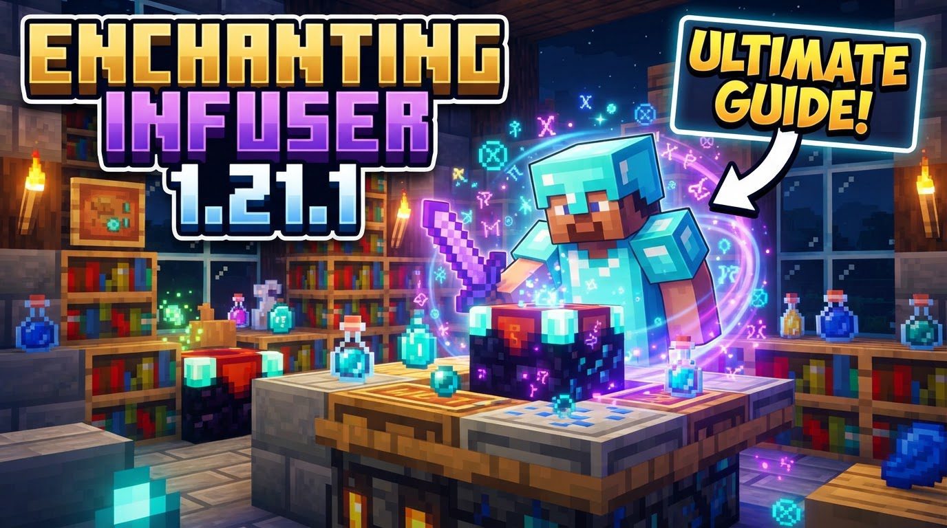 An Advanced Enchanting Infuser block surrounded by 15 bookshelves, glowing with a purple aura, with an item interface showing various enchantments.