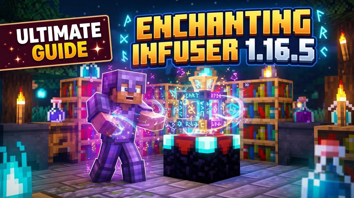 A player interacting with an Advanced Enchanting Infuser surrounded by glowing bookshelves, with various enchantment options visible on the screen.