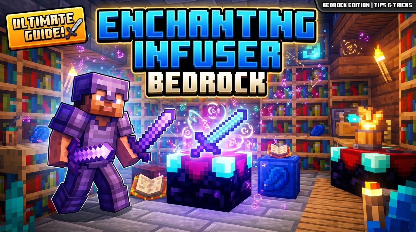 A player standing in front of an advanced enchanting infuser block, surrounded by bookshelves, with a glowing sword in their hand.
