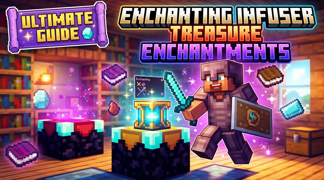 A player standing in front of an Advanced Enchanting Infuser surrounded by bookshelves, with the GUI open showing a list of enchantments including Mending.