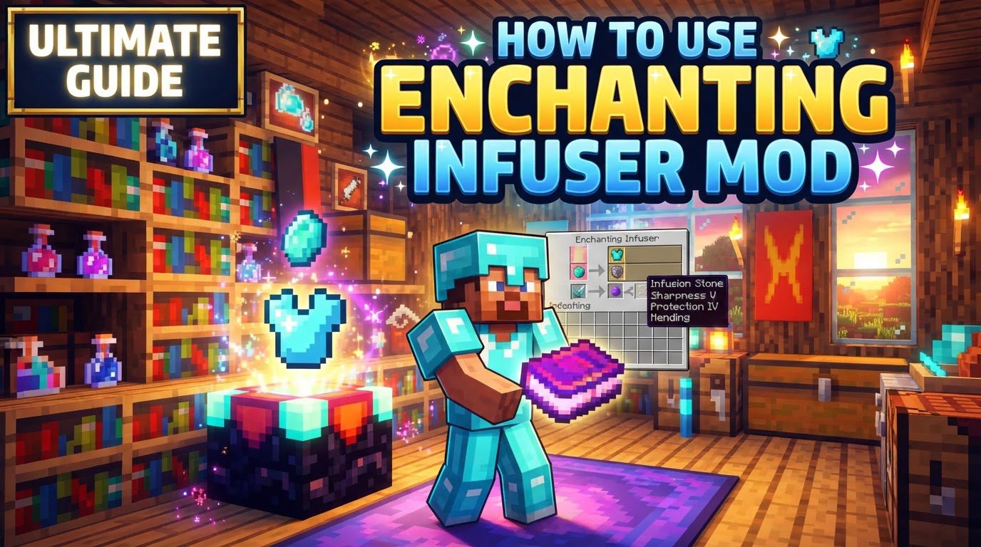A player standing in front of an Advanced Enchanting Infuser surrounded by 15 bookshelves, with the infuser's GUI open displaying various enchantment options.