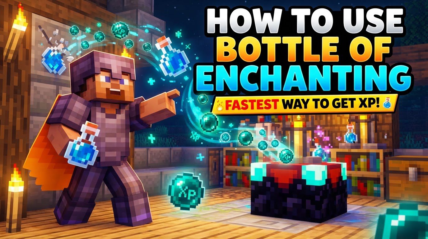 A player throwing a Bottle o' Enchanting, which shatters into green experience orbs on a cobblestone floor.