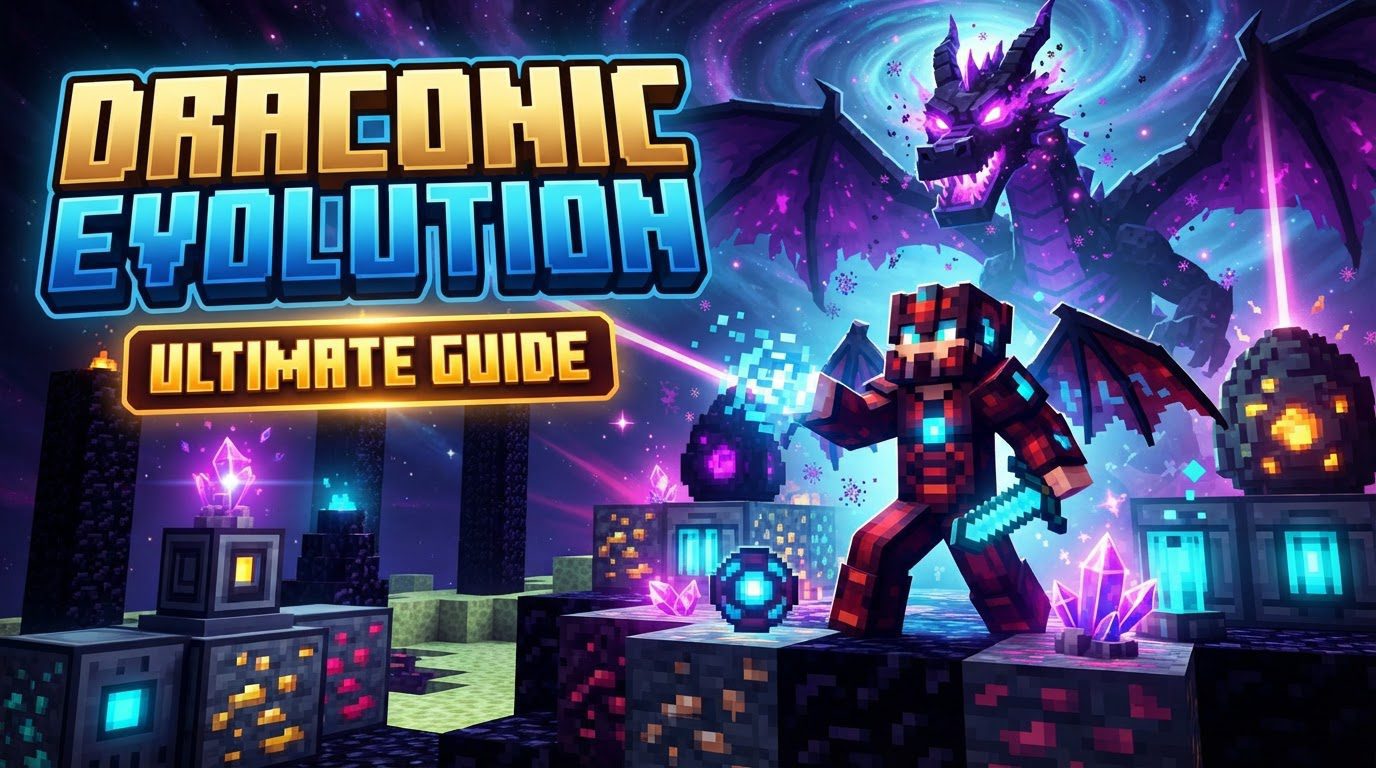 A player in highly advanced, glowing Draconic armor flying above a massive multi-block energy core with a Draconic Reactor in the background, emitting faint energy particles.