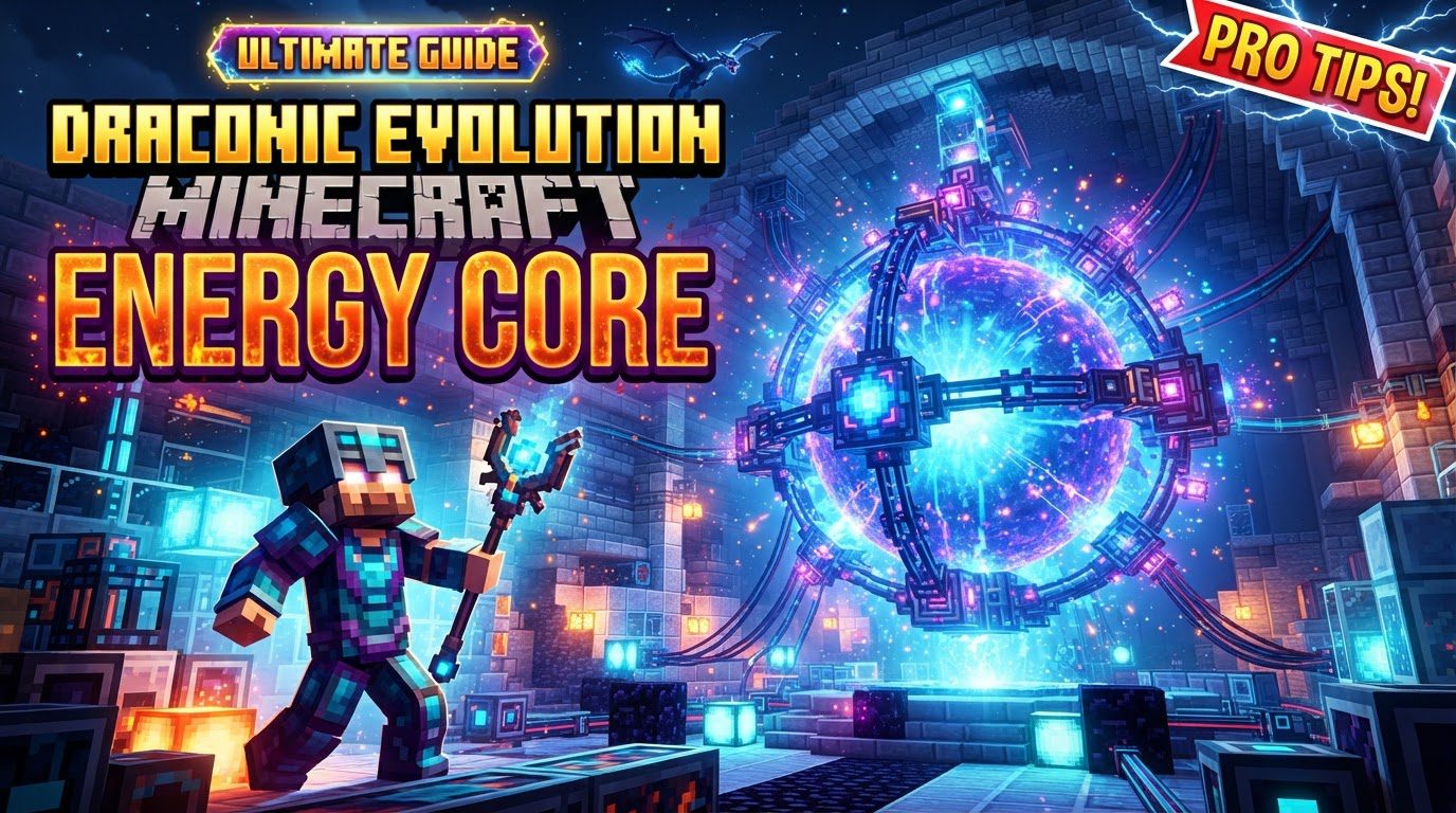 A massive, glowing Draconic Evolution Energy Core multiblock structure, surrounded by active Energy Pylons and intricate Draconium block framing, pulsing with stored energy.