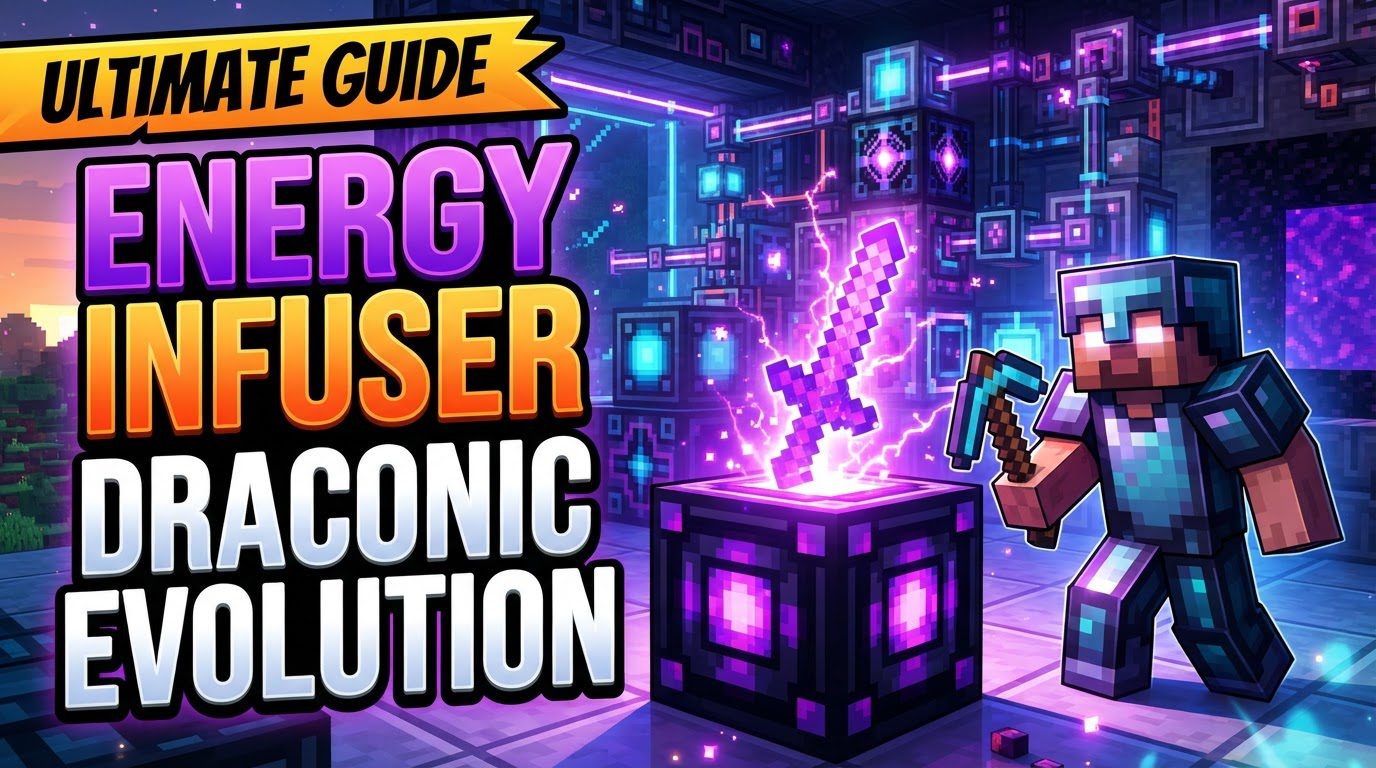 A glowing Draconic Evolution Energy Infuser with an energy bar displayed in its GUI, charging a Draconic Bow.