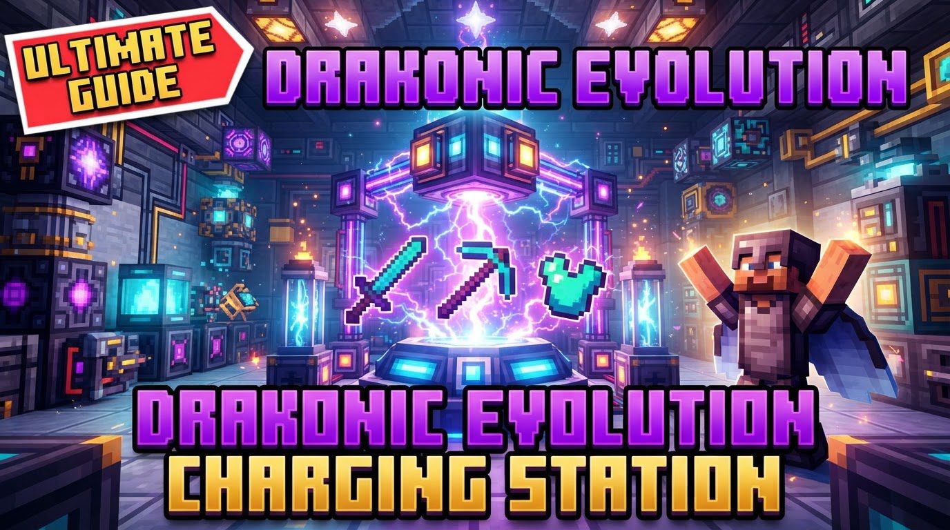 A Draconic Evolution Energy Infuser actively charging a Draconic tool, with an Energy IO Crystal nearby.
