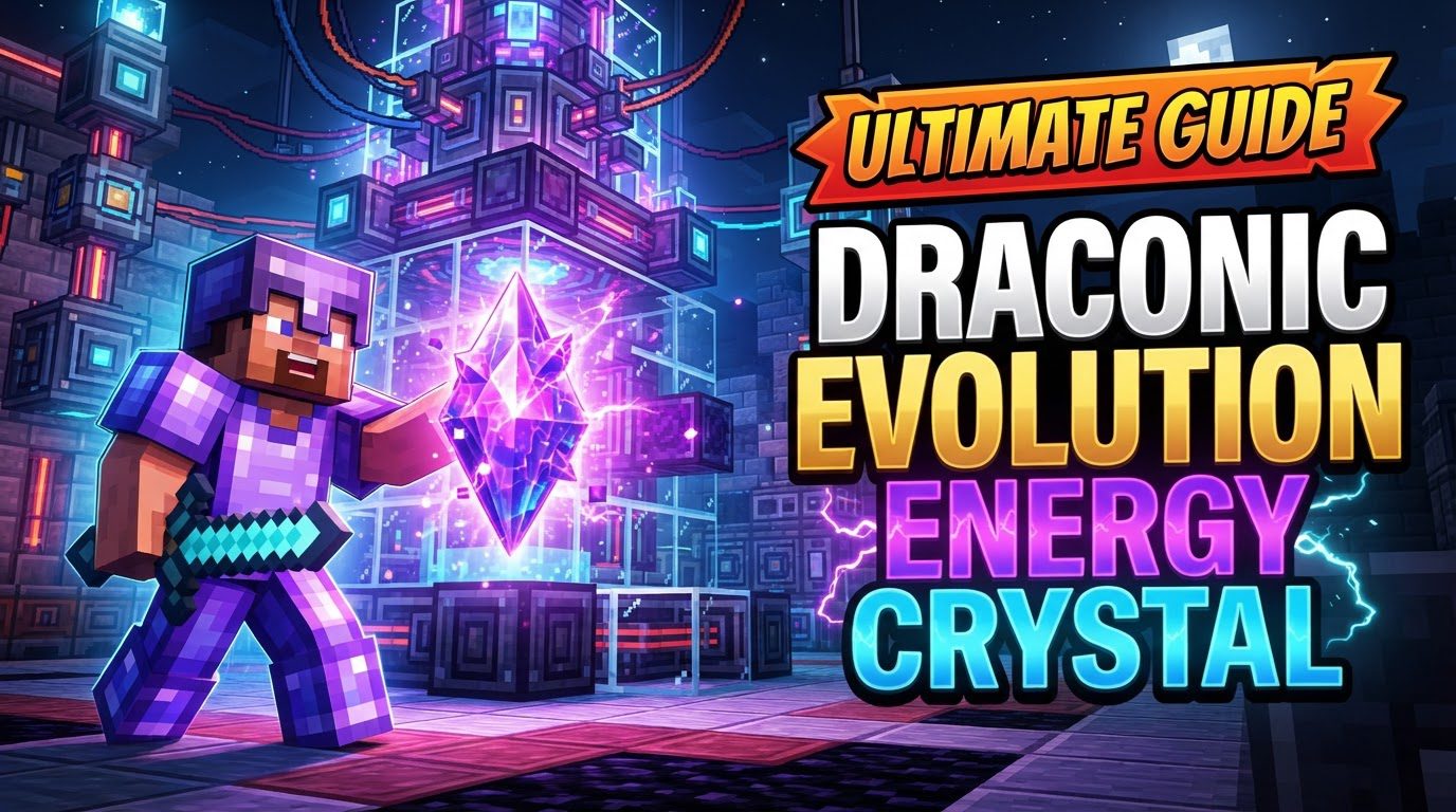 A complex Draconic Evolution Energy Core multiblock structure with glowing energy pylons, surrounded by various energy relay and IO crystals connected to machines.