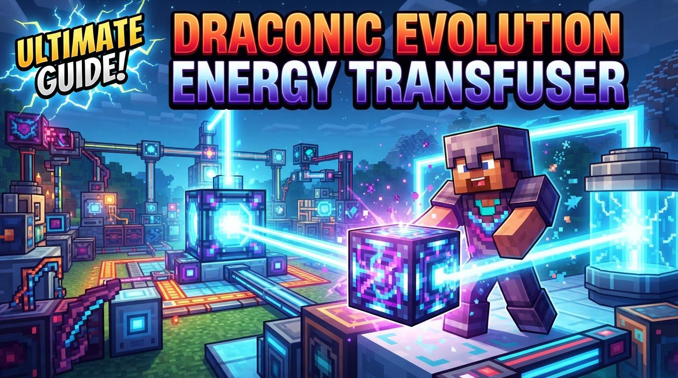 A Draconic Evolution Energy Transfuser charging multiple tools, connected to an Energy IO Crystal that is linked to a large Draconic Energy Core.
