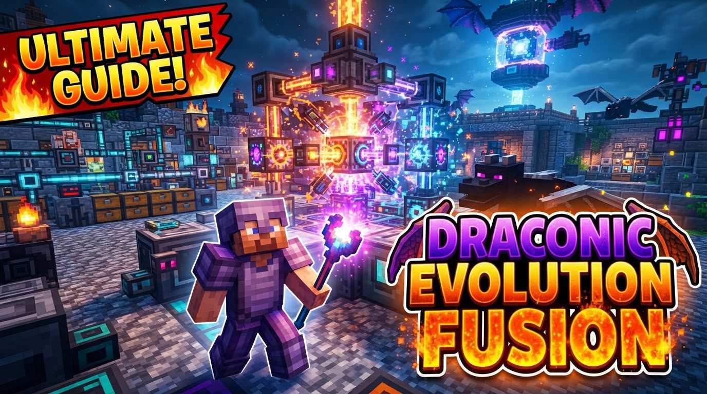 A glowing Draconic Evolution Fusion Crafting Core surrounded by several energy-infused injectors, with sparks and energy bubbles rising.