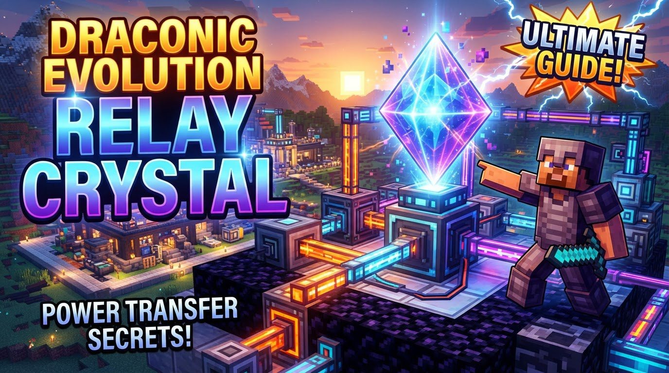A complex network of glowing Draconic Evolution Relay Crystals and I/O Crystals connected by visible energy lines, with a large energy core in the background.