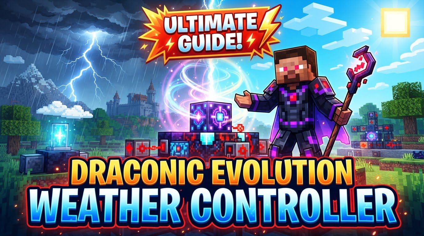 A player stands before a glowing Draconic Evolution Weather Controller, with a dramatic beam of light shooting into a clear sky.