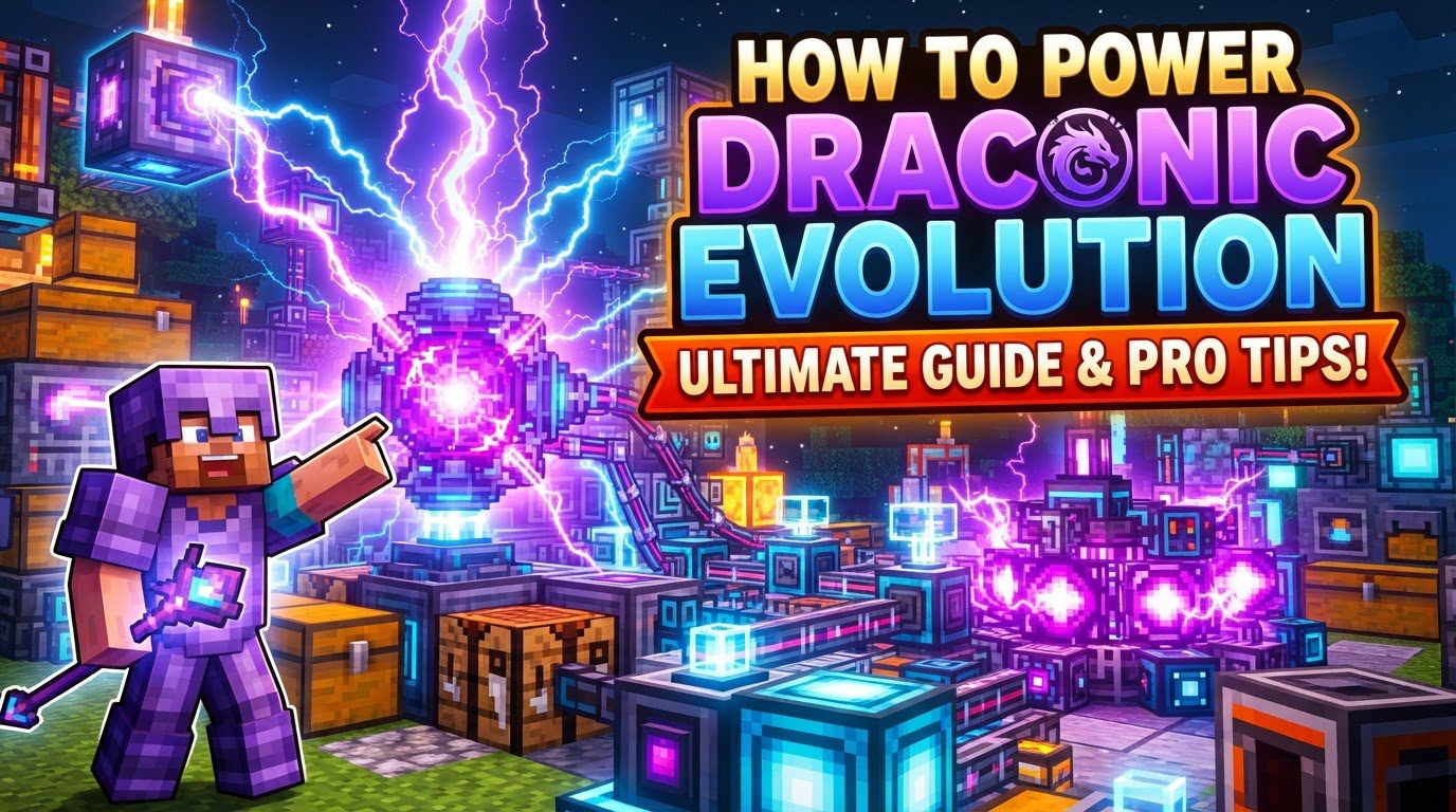 A complex Draconic Evolution power setup with glowing energy crystals, a massive Draconic Reactor core, and a large energy storage multiblock.