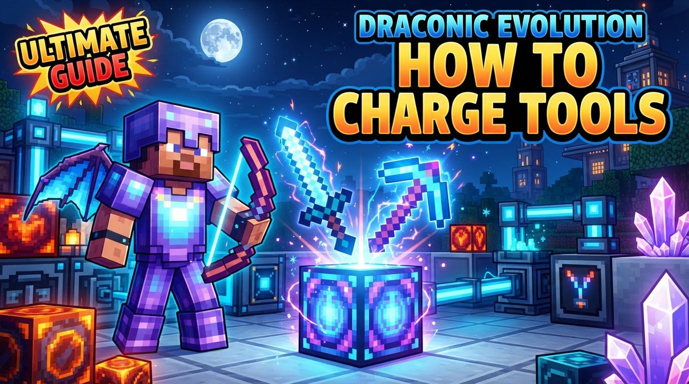 A player wearing full Draconic Evolution armor stands next to an Energy Infuser, which is charging a Draconic pickaxe. In the background, a Draconic Flux Capacitor glows, hinting at abundant power.