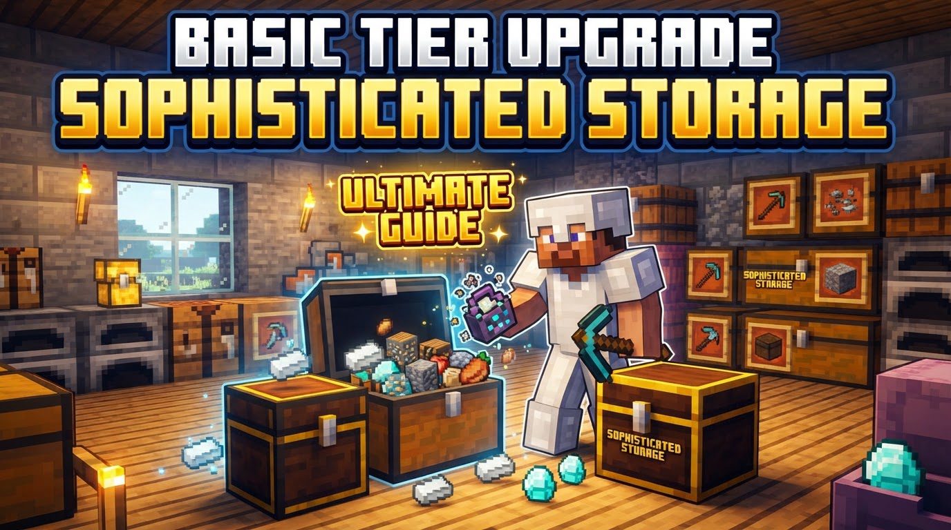 A player right-clicking a wooden vanilla chest with a Basic Tier Upgrade item in a Minecraft world.