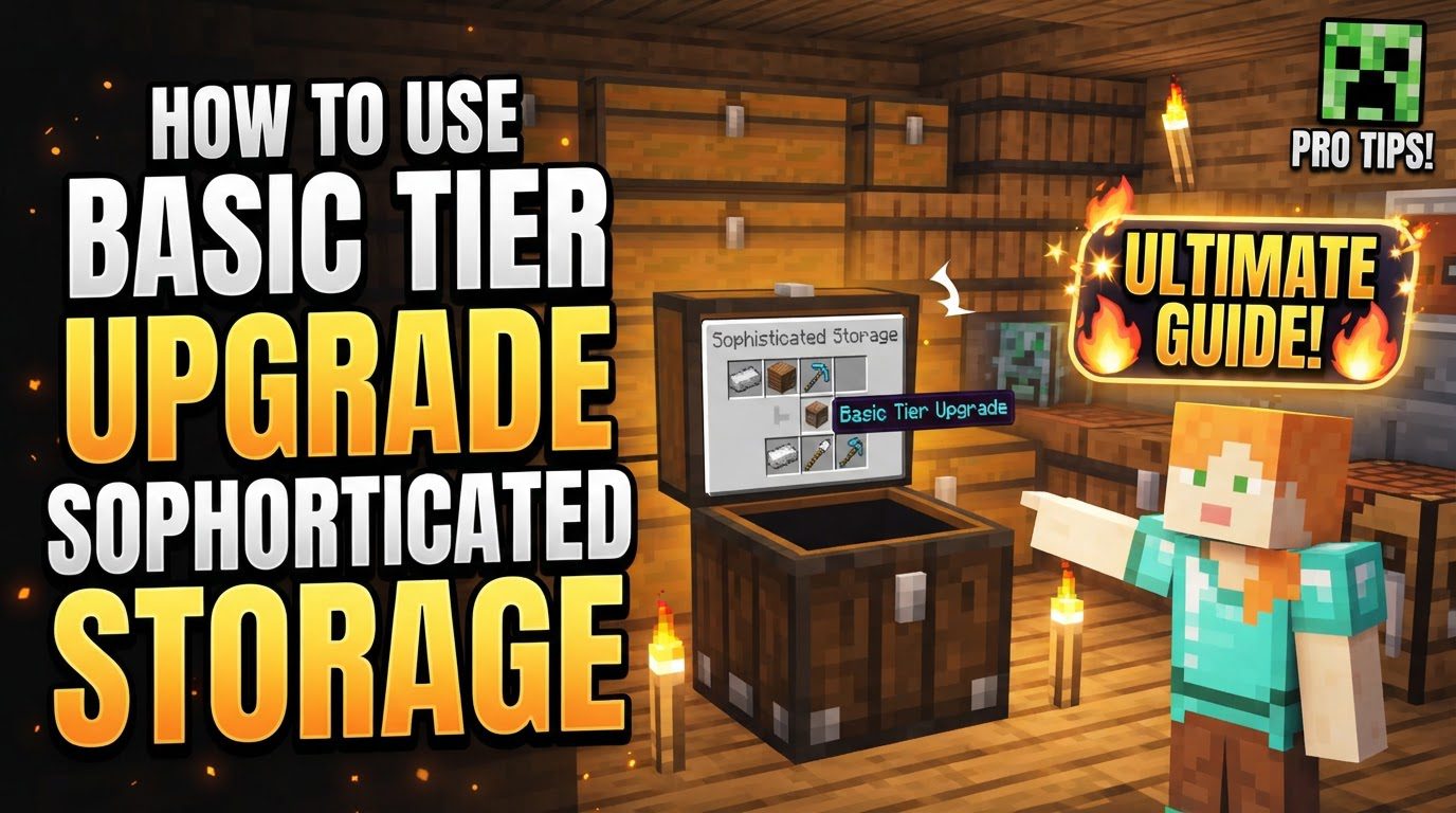 A player interacting with a Sophisticated Storage barrel, showing upgrade slots filled with basic tier upgrades like stack and filter.