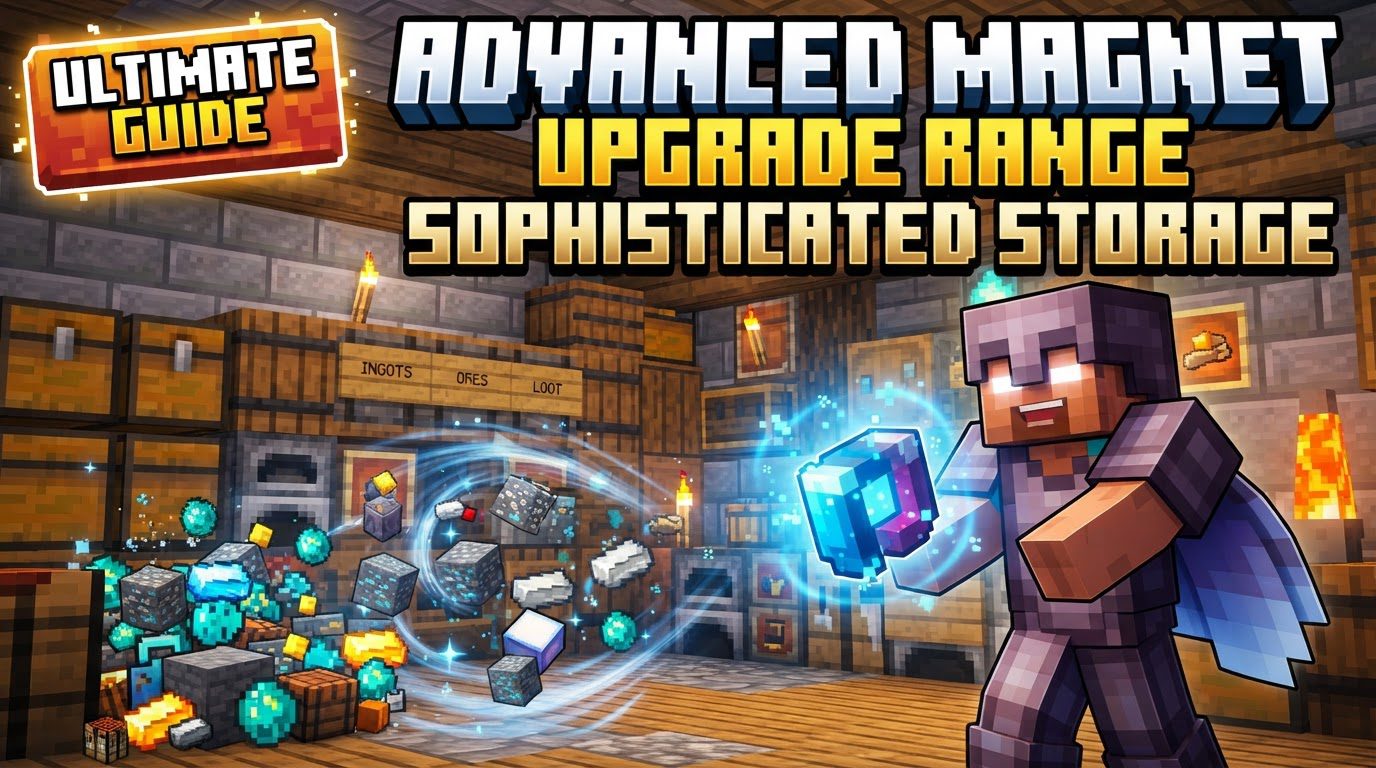 A Minecraft player configuring an Advanced Magnet Upgrade in a Sophisticated Storage barrel, with various items and filter slots visible in the interface.