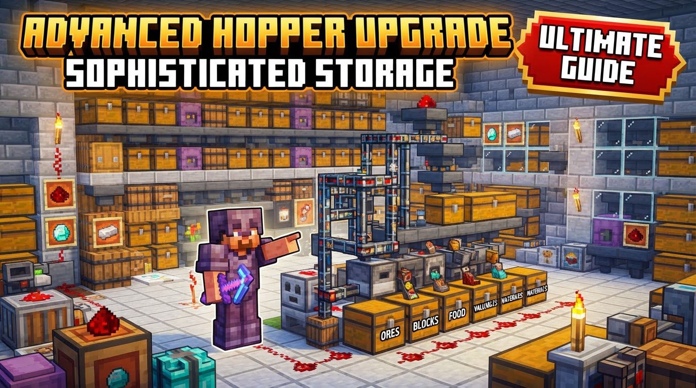 A complex Minecraft automation setup featuring multiple Sophisticated Storage chests with glowing upgrade slots, connected by item pipes and sorting mechanisms.