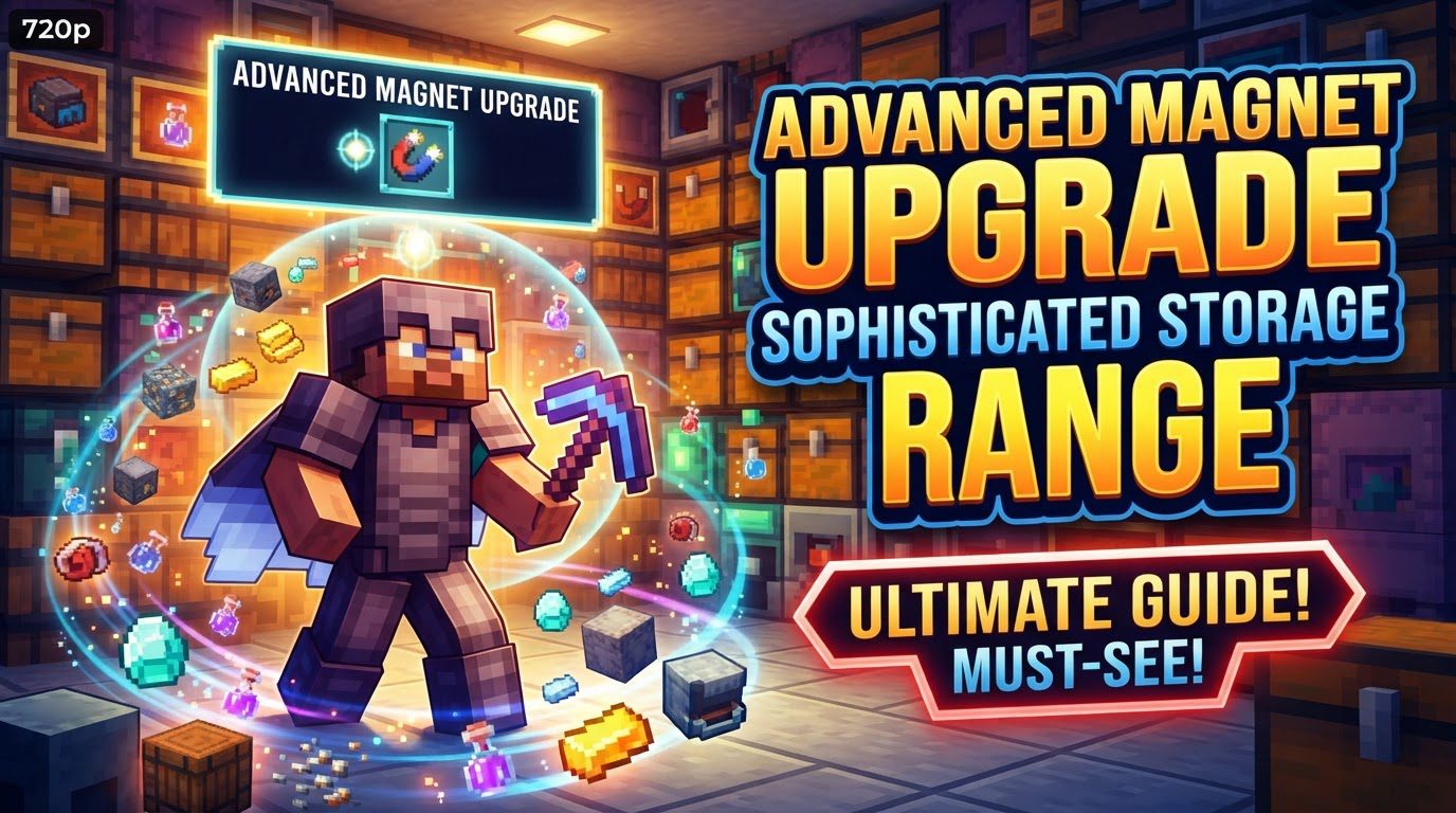A sophisticated storage chest with an advanced magnet upgrade icon visible, pulling various dropped items like cobblestone, wood, and mob drops from the ground into its inventory.