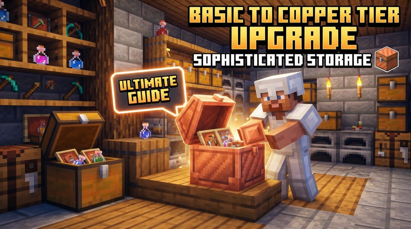 A player right-clicking a copper tier upgrade item onto a wooden sophisticated storage chest, which is visibly changing to a copper texture.
