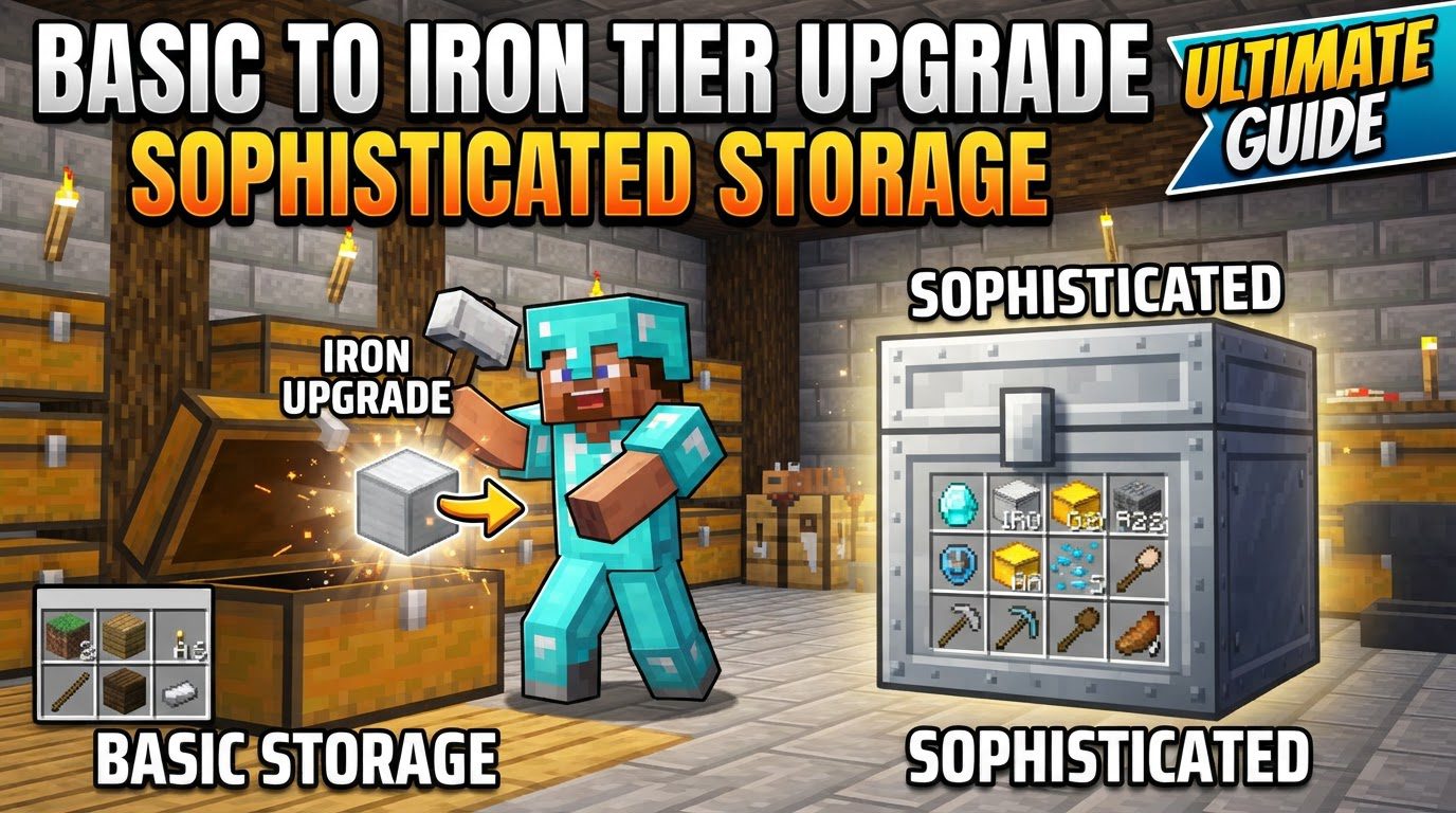 A player standing in a room with several Sophisticated Storage chests and barrels, some appearing to be iron-tiered, filled with various Minecraft items.