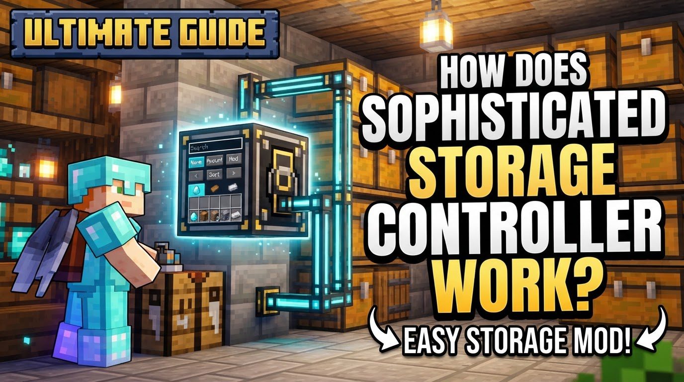 An intricately organized Minecraft base with a central Sophisticated Storage Controller surrounded by various tiered chests and barrels, all connected by glowing lines from a Storage Tool.